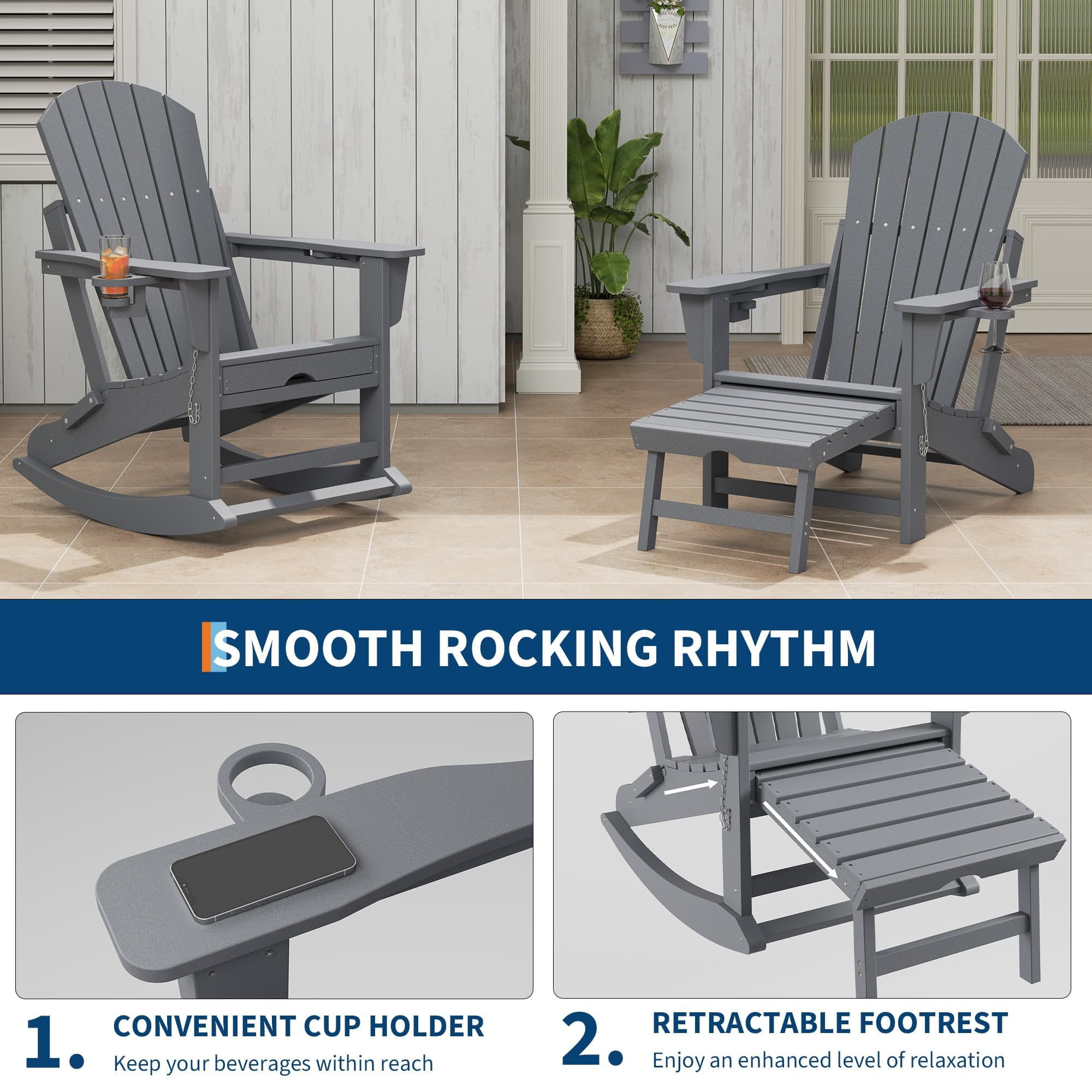 Grey 4-Piece 4-in-1 Weatherproof HDPE Adirondack Chair Set