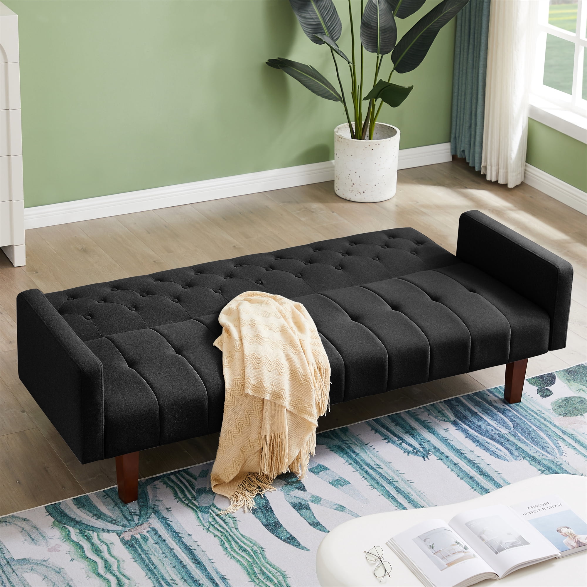 Aukfa 75" Tufted Futon Convertible Sofa Bed, Upholstered Arm Couch for Home Office, Black
