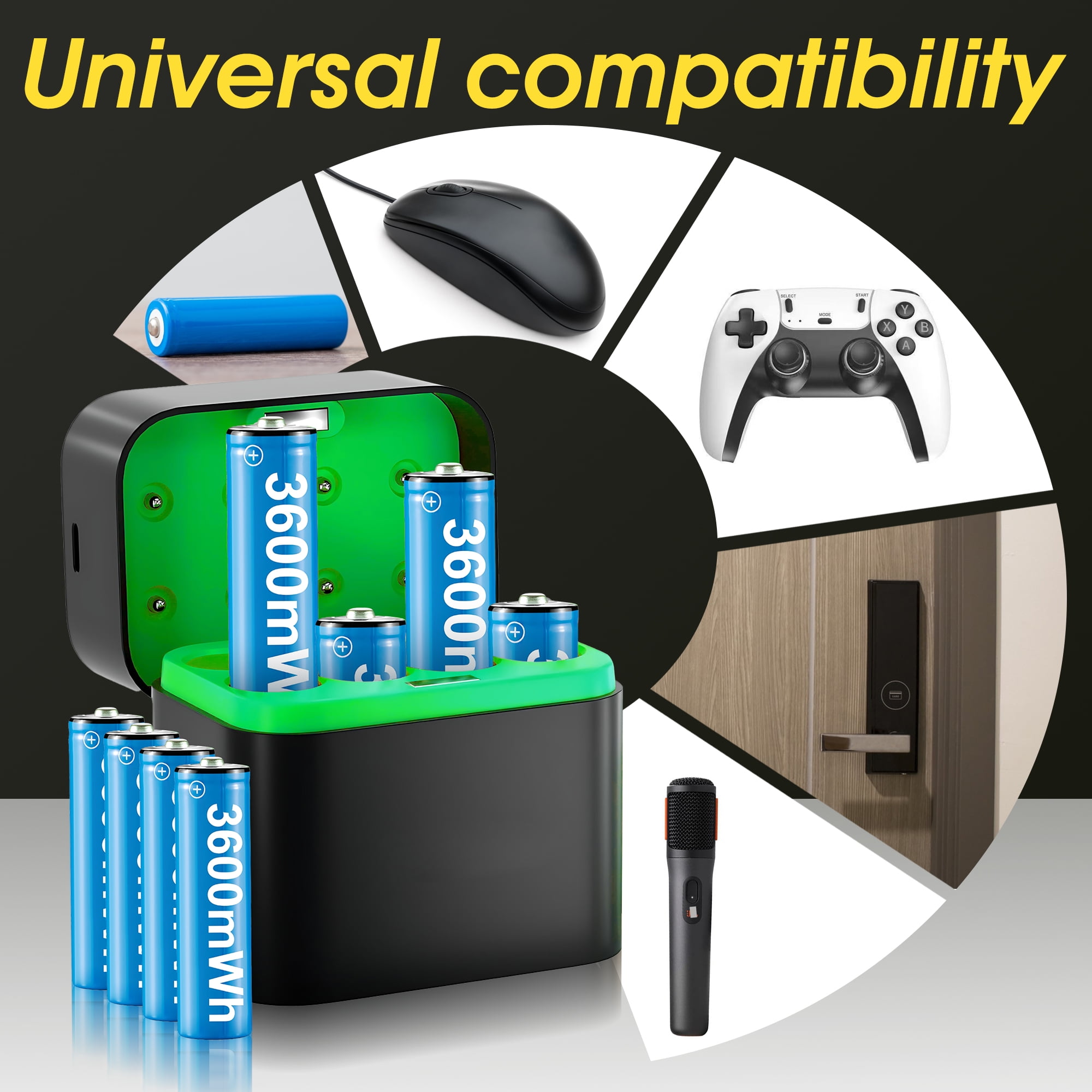 Pecham 8PCS Rechargeable Lithium AA Batteries with Charger, 3600mWh 1.5V Batteries with 2000+ Cycle Times for Xbox, Blink, Remote Controls