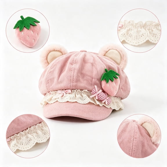 SYMOID Womens Vintage Pink Newsboy Cap with Bear Ears and Strawberry Decor Hats,Size Free Size