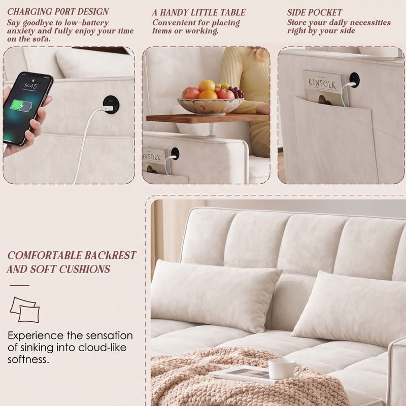 avobird 54'' Pull Out Sofa Bed, Convertible Sleeper Couch for for Living Room, Side Desk, USB Ports, Cup Hold, Velvet Fabric, Adjustable Backrest, Beige