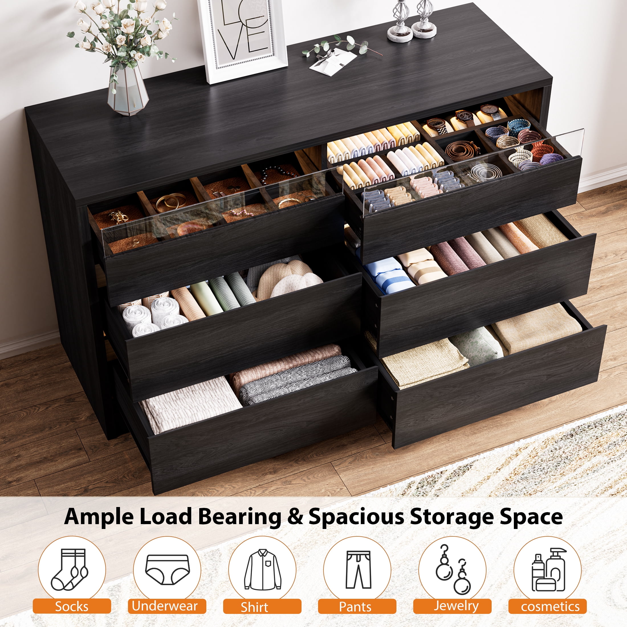 Anyact LED 6 Drawer Double Dresser for Bedroom, Modern Wood Chest of Drawers for Living Room