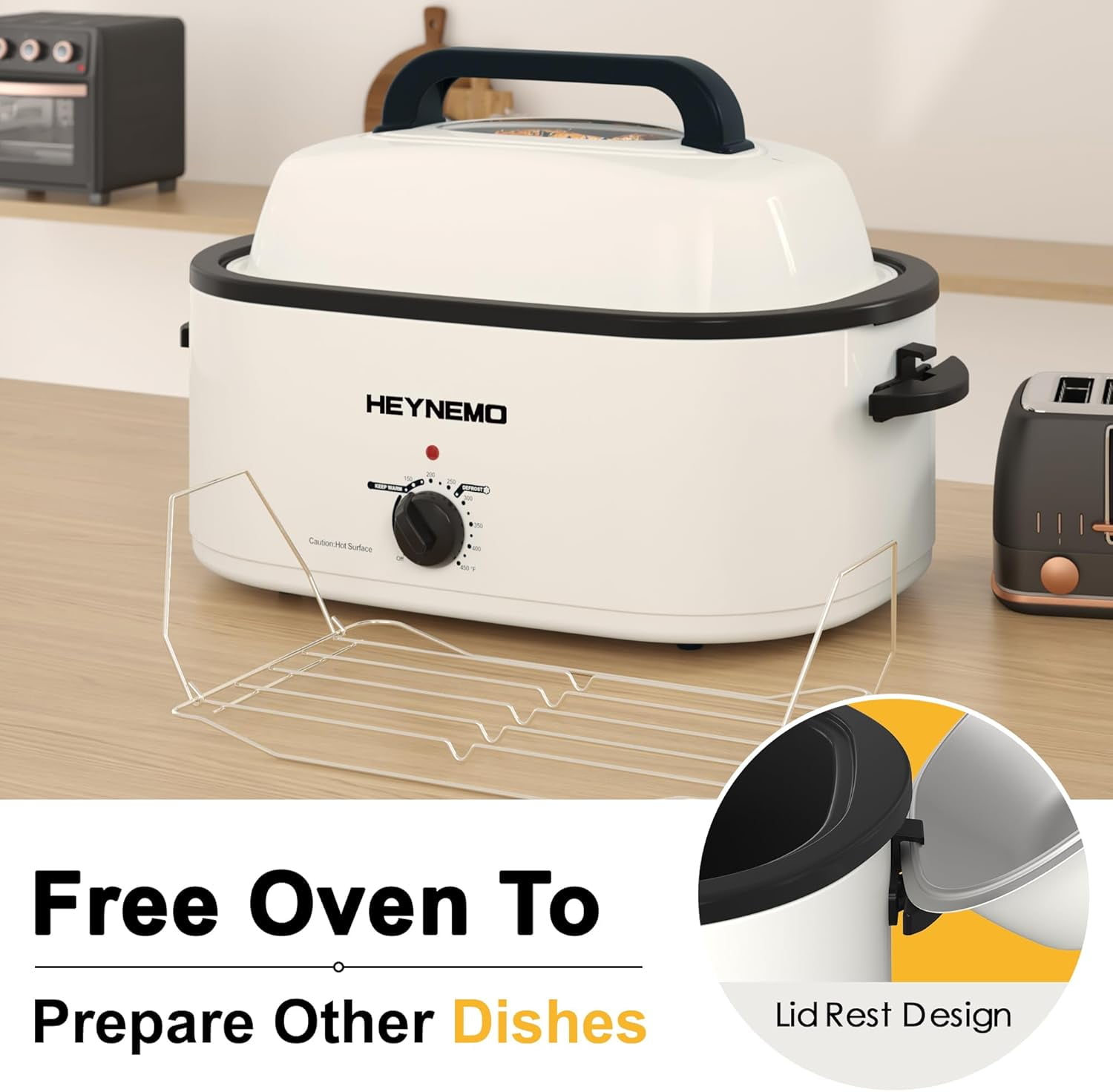 Roaster Oven Electric, Roaster Oven 22 Quart with Self-Basting Lid, Turkey Roaster Oven with Removable Pan and Rack, Adjustable Temperature Control Powerful 1450W Stainless Steel Roaster Oven, White