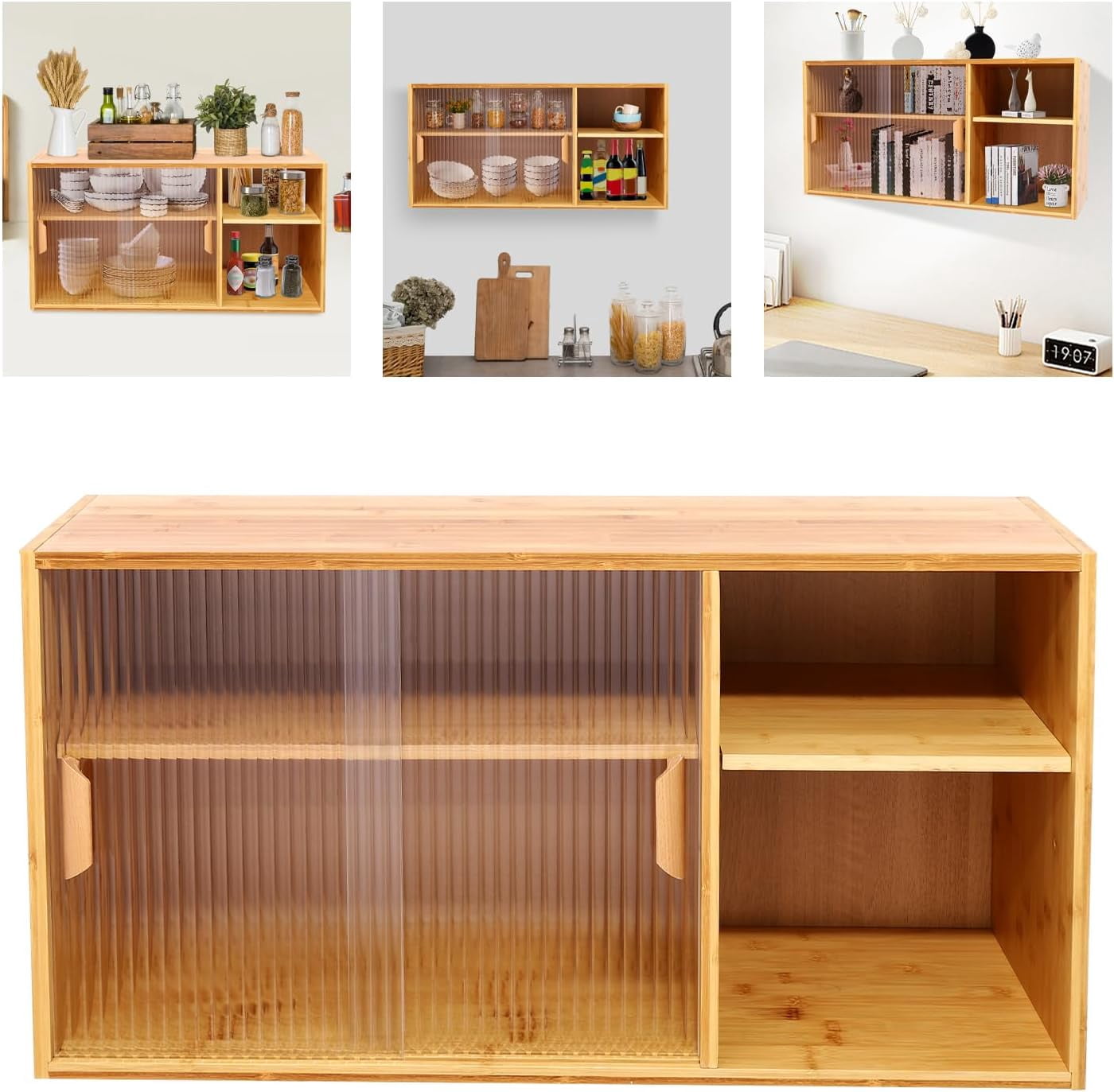 Kitchen Pantry Cabinet, Wall Mount or Countertop Sideboard with Glass Doors, 2 Tiers Rectangular Cupboard Food Pantry Cabinet for Kitchen, Dining Room, or Living Room (Log Color)