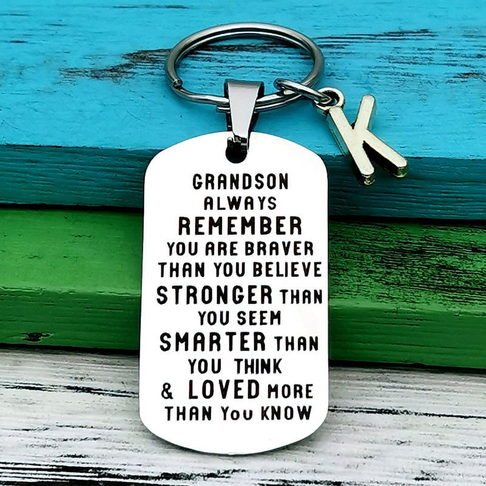 Stainless Steel Grandchild Keychain Key Ring Pendant Initial A-Z for Grandson or Granddaughter