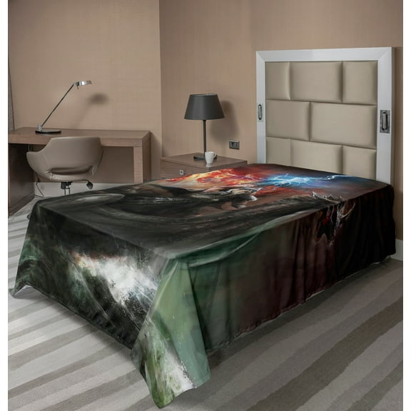 Ambesonne Fantasy Flat Sheet, Thunder Storm Vikings, TwinXL Size, Grey Orange