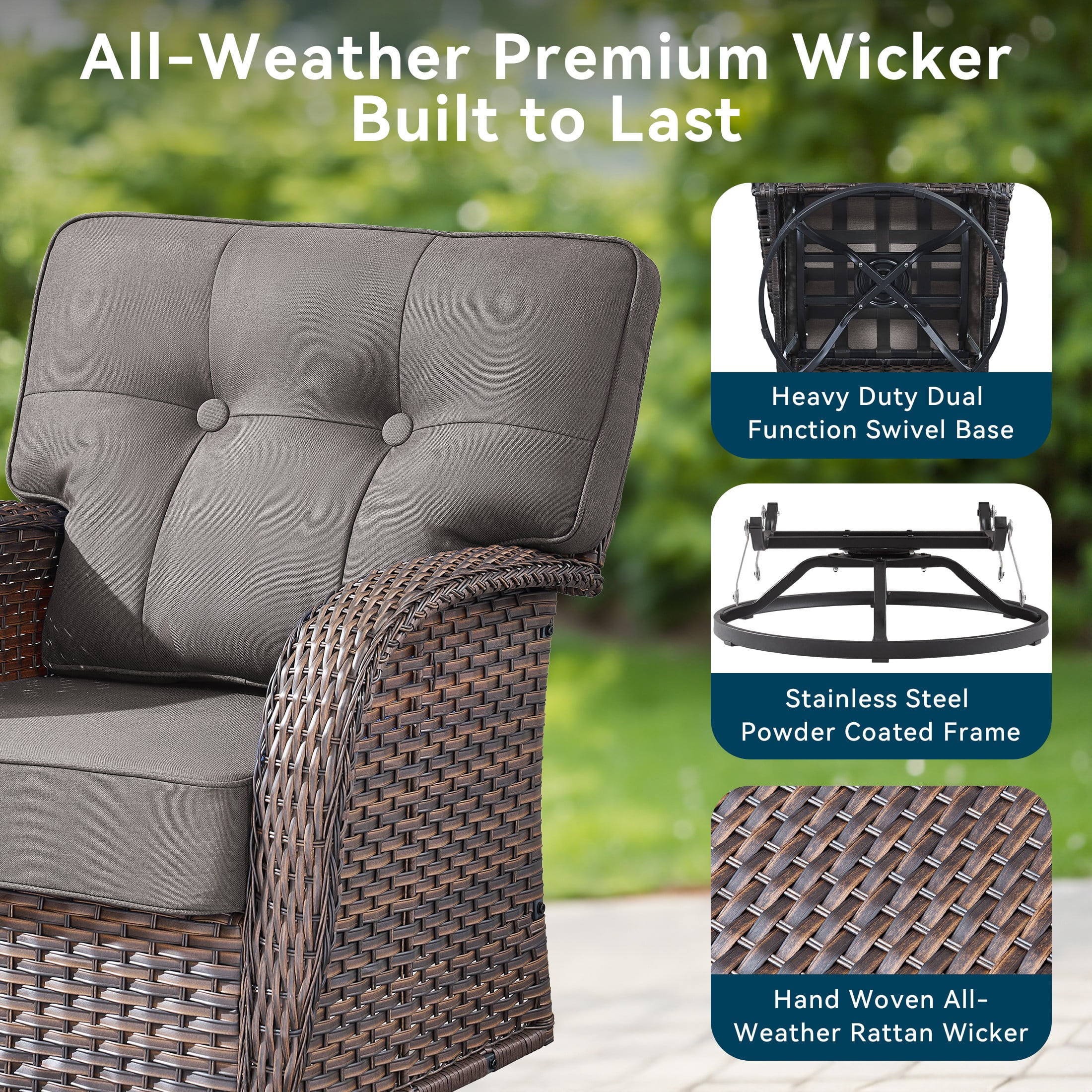 Unnifurnzi 8 Pieces Outdoor Patio Furniture Set with Fire Pit-Outdoor Sofa Couch with Outdoor Swivel Rocker Patio Chairs Wicker Patio Furniture for Deck Porch Garden Balcony Poolside-Brown/Gray