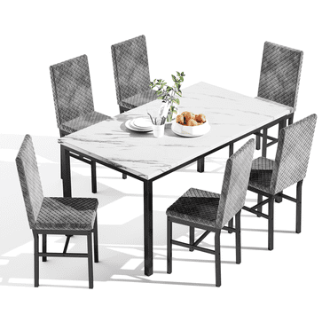 Baxluxe Dining Table Set for 6, 7 Pieces Faux Marble Kitchen Table and Chairs Set, 51.18 Inch Rectangle Dining Table with 6 Velvet Dining Chairs, Modern 6 Person Dining Set for Big Family, White+Gray