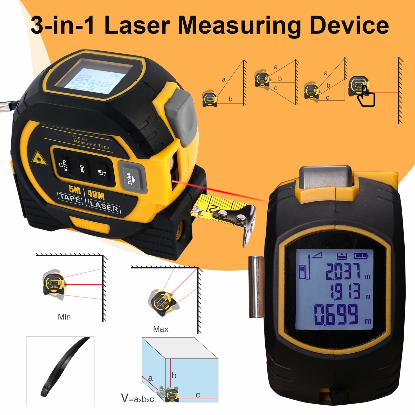 3 IN 1 Measuring Tape With Roll Cord Mode High Accuracy Laser Digital Tape High 