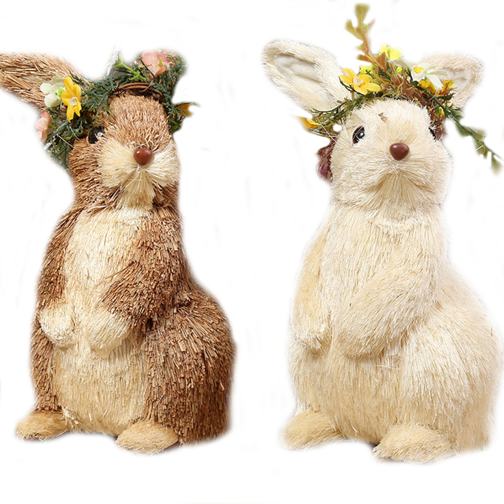 Straw Easter Rabbit Figurines Lifelike Handmade Woven Bunny Desktop