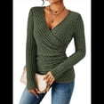thumbnail image 1 of Camisa de Larga para Mujer, Cuello en V, Punto Acanalado, Suéter Ajustado con Botones, Blusa Informal de Trabajo para Otoño Verde L, 1 of 9