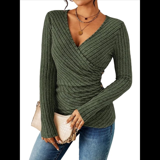 Camisa de Larga para Mujer, Cuello en V, Punto Acanalado, Suéter Ajustado con Botones, Blusa Informal de Trabajo para Otoño Verde L