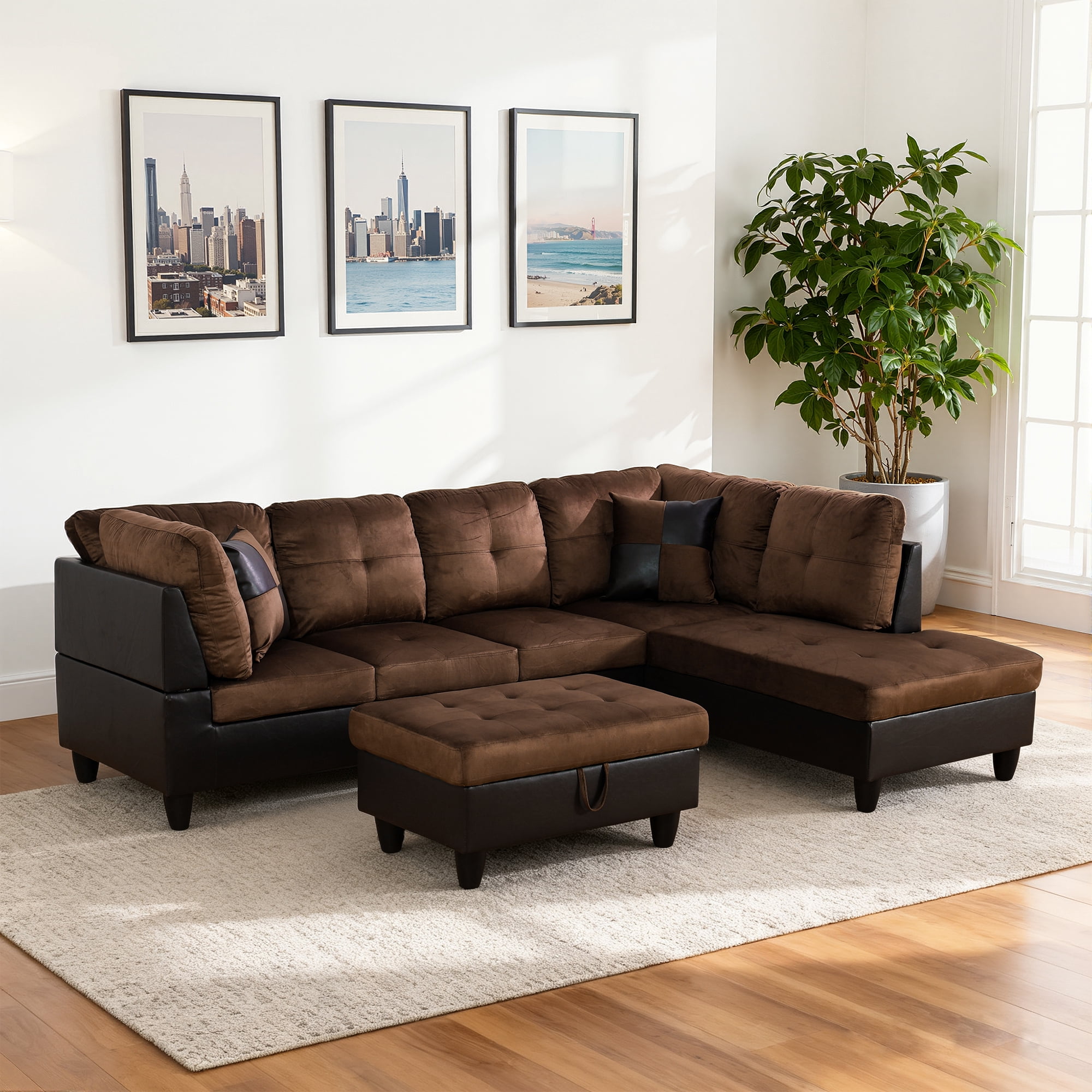 MAYEERTY 103.5" Modern Lint 3-Piece Couch Living Room Sofa Set，Brown