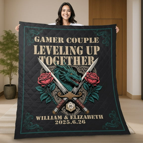 Personalized Gamer Couple Leveling Up Together Quilt Blanket – Personalized Gaming Quilt with Dragon, Swords, D20 Dice – Custom Name & Date Gift for Gamers, Anniversary or Wedding