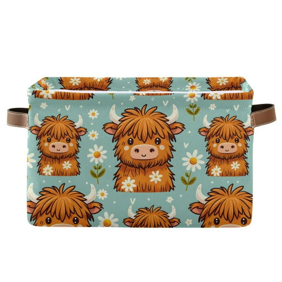 Yak Cow and Daisies Storage Bins with Handle Fabric Organizer Basket Foldable Box 1 Pack 14.2x10.2x8.3