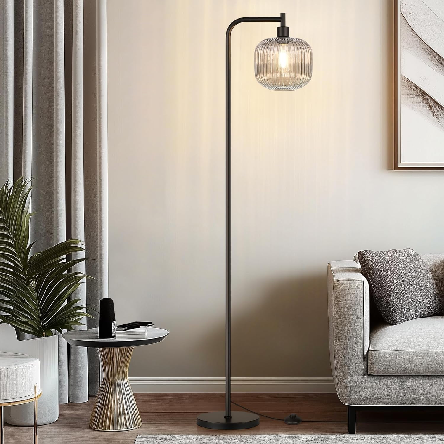 67” Modern Glass Floor Lamp for Living Room, Standing Lamp with Ribbed Grey Glass Lampshade Pedal Switch for Bedroom Study Room, Black (Bulb Included)