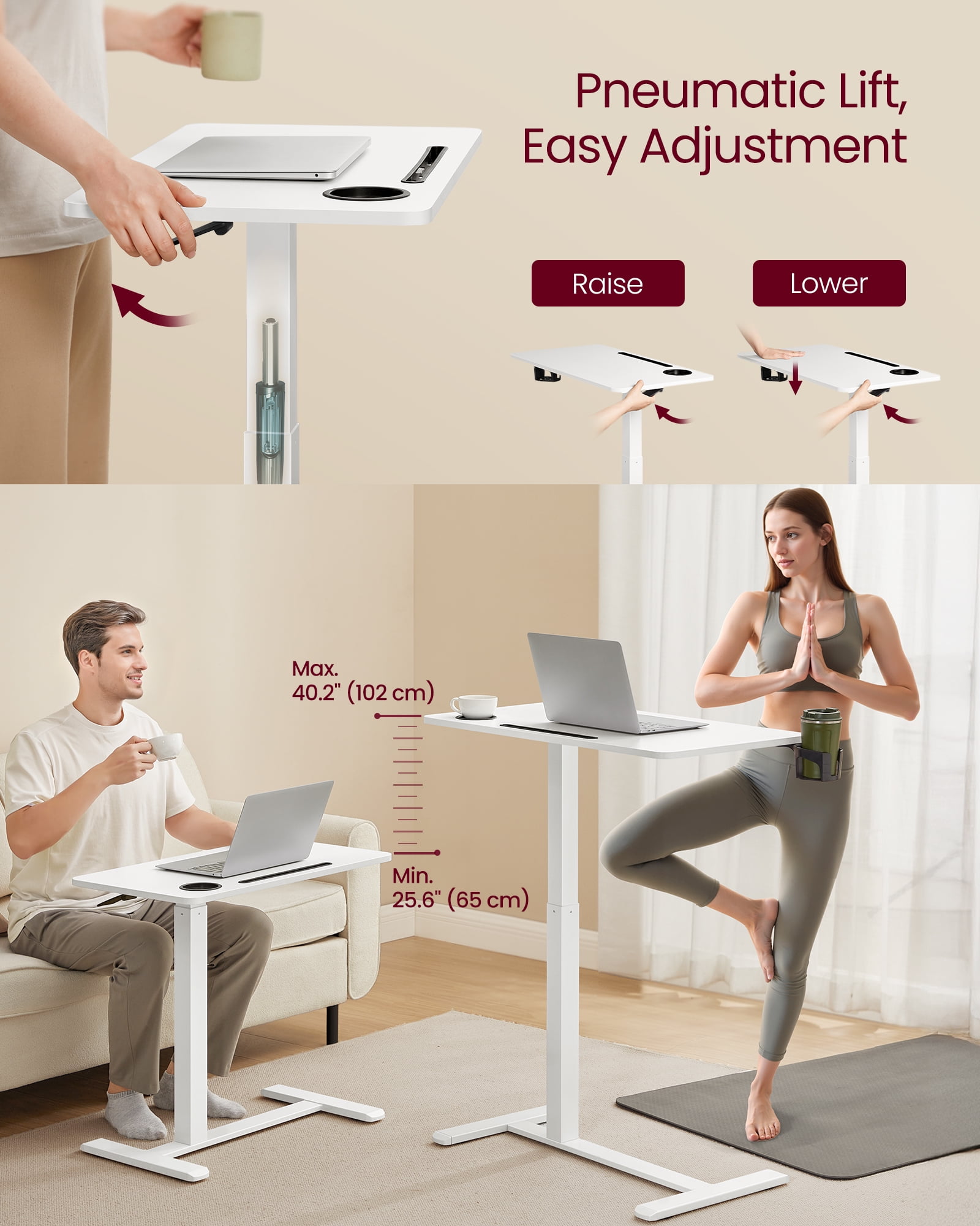Mobile Standing Desk, 27.6 Inch Adjustable Height Table with 2 Cup Holders & Tablet Slot, Rolling Computer Desk for Bedroom Living Room, Cloud White