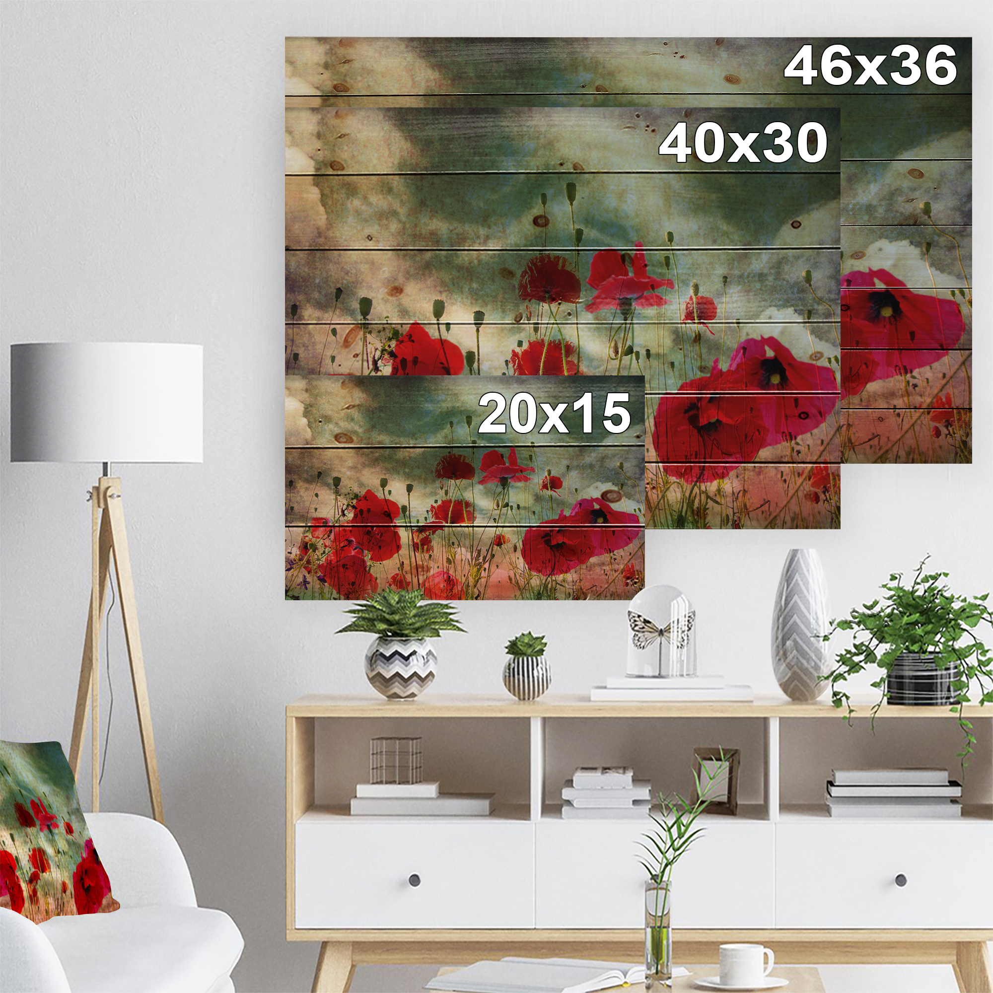 Designart 'Wild Red Poppy Flowers in Sky' Floral Print on Natural Pine Wood
