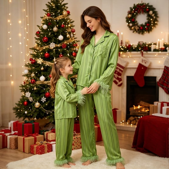 AIGUR Mommy and Me Matching Striped Pajama Sets Fashionable Lapel V Neck Long Sleeve Button Down Tops with Pants 2Pcs Sleepwear