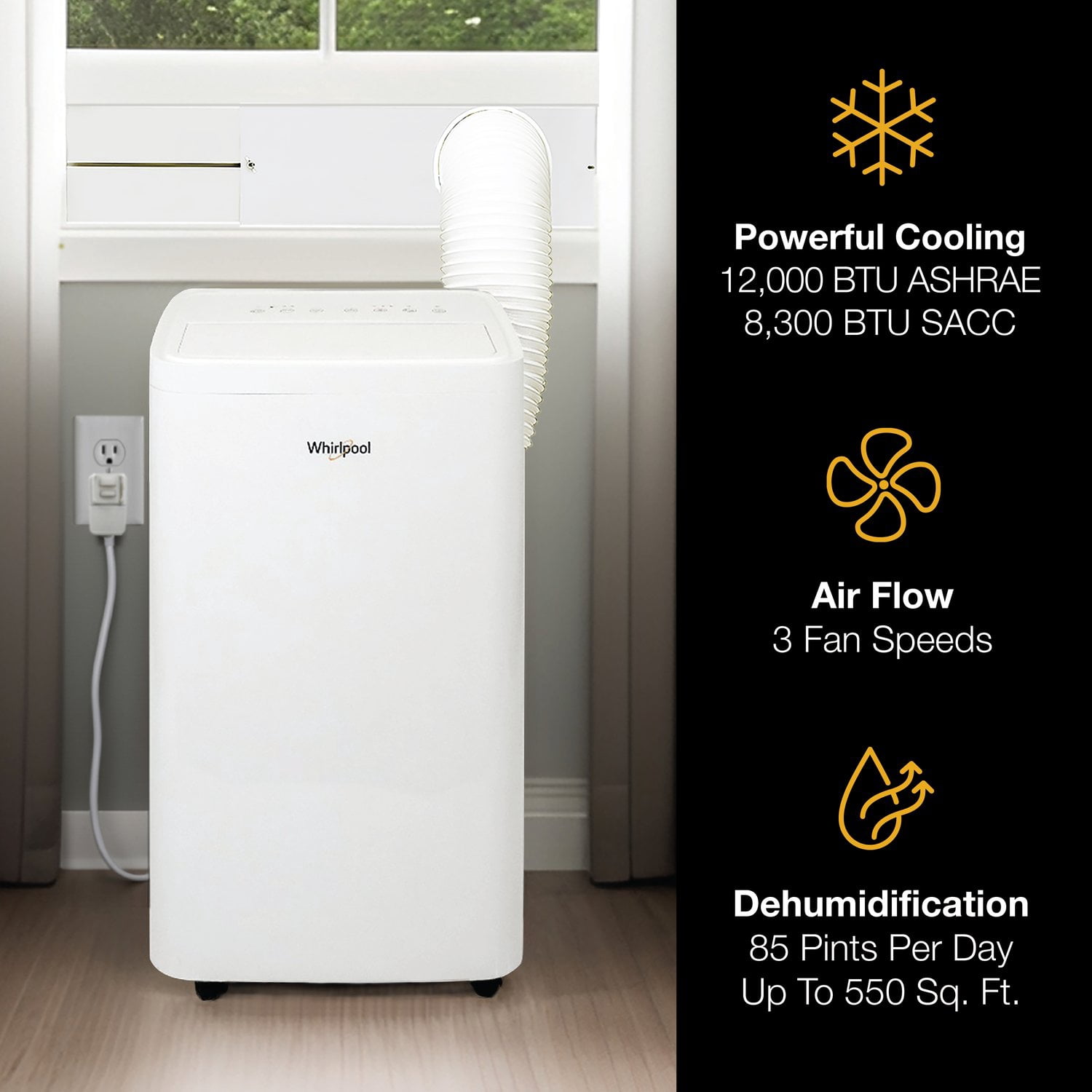 Whirlpool 12,000 BTU ASHRAE (8,300 BTU SACC) Portable Air Conditioner, WHNP121AW