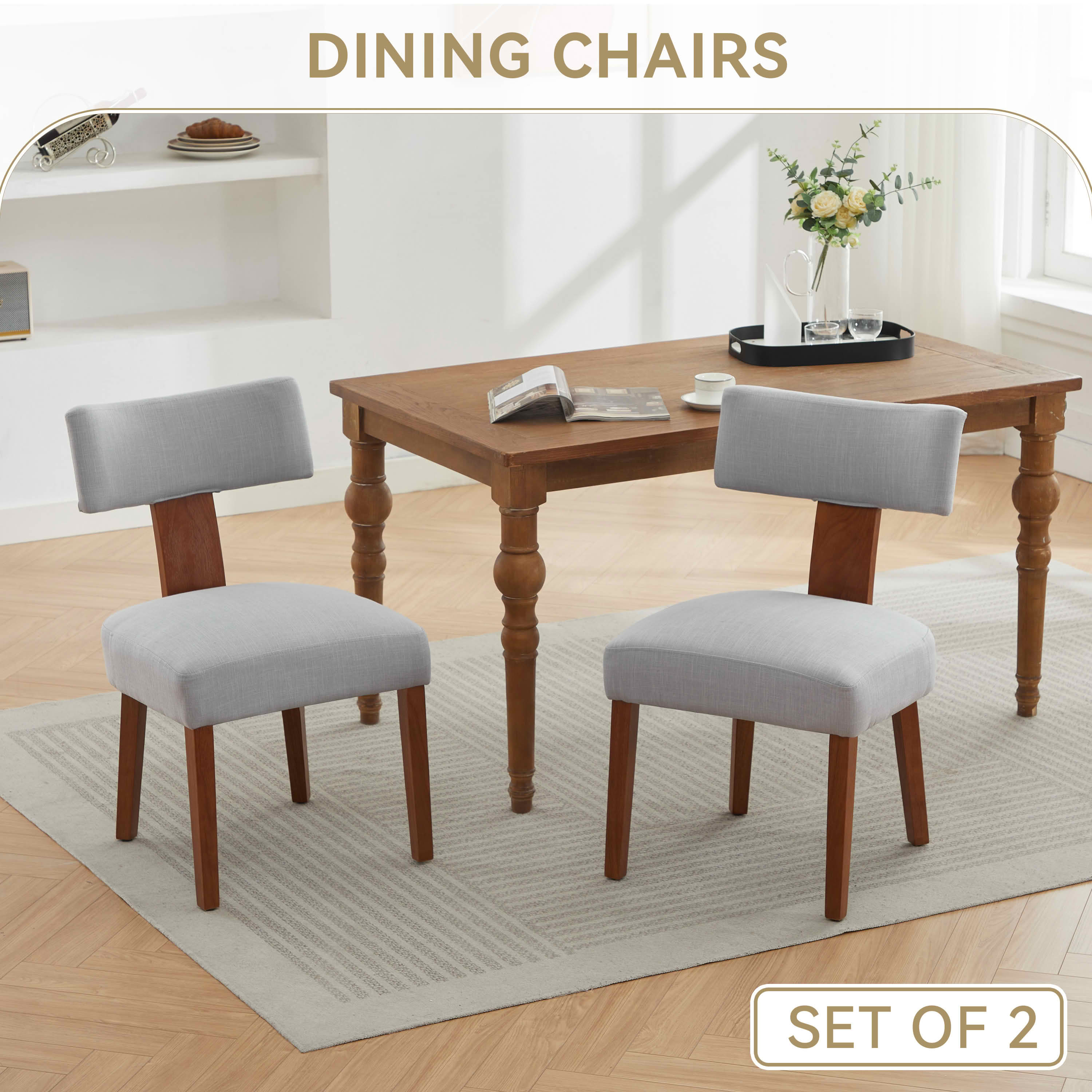 MAYEERTY Set of 2 Linen Fabric Modern Armless Dining Chairs, Curved Backrest & Solid Wooden Legs, for Dining Room & Living Room, Gray