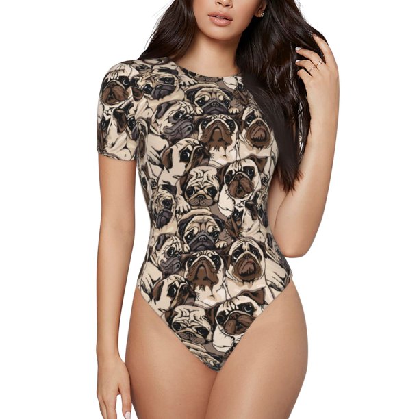 Balery Pug Body de cuello redondo de manga corta para mujer Tops de manga corta Tops básicos-X-Large