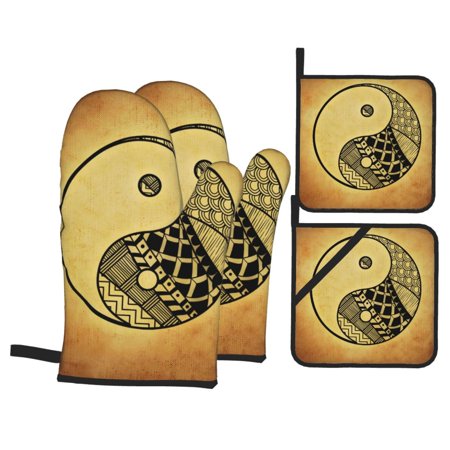 Yin And Yang Symbol Oven Mitts And Pot Holders Sets Baking Sets For Kitchen Bbq Gloves Heat Resistant Cooking Chinese Asian Culture 4 Pcs