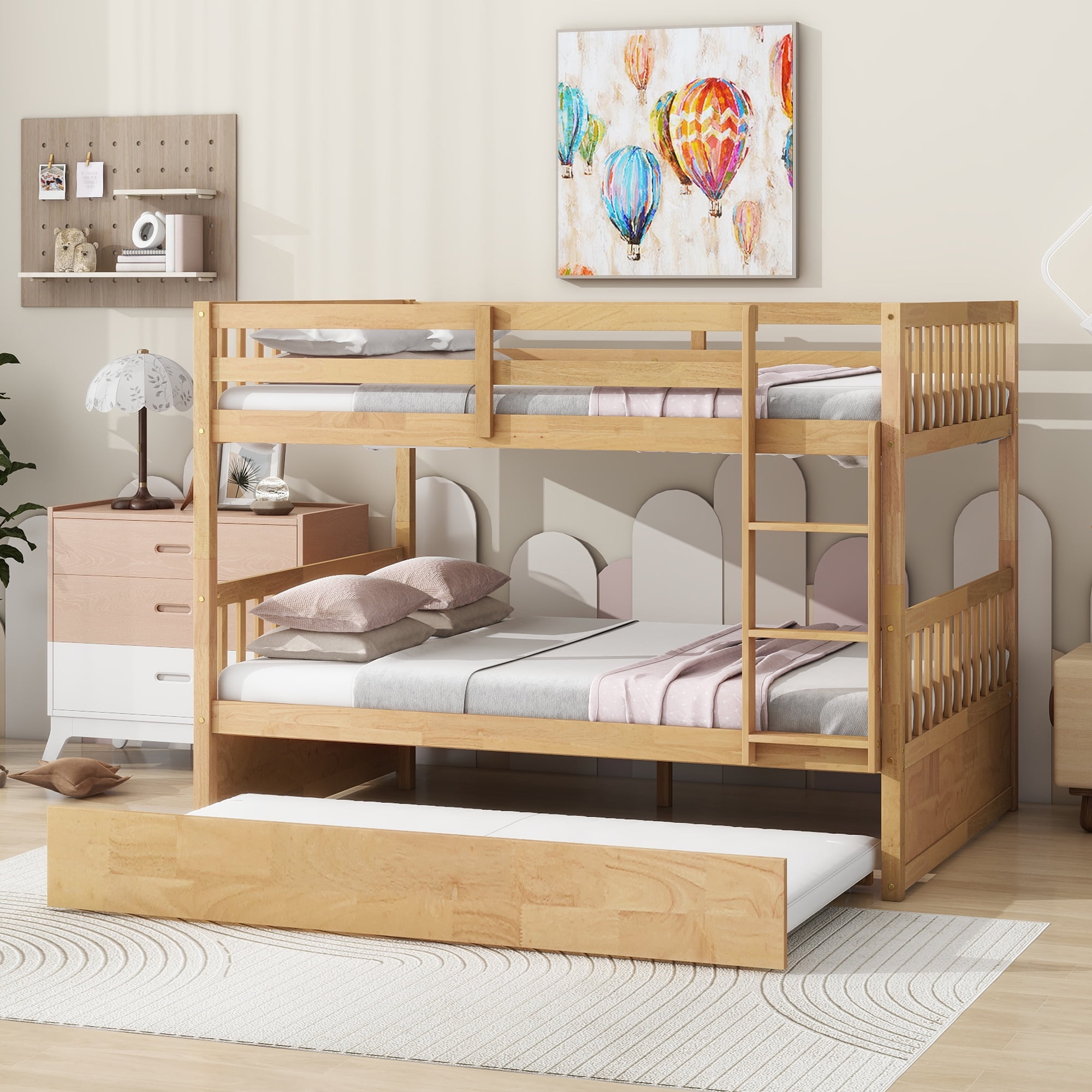 Alvantor Full Over Full Wood Bunk Bed Convertible with Trundle Ladder and Guardrail, Natural