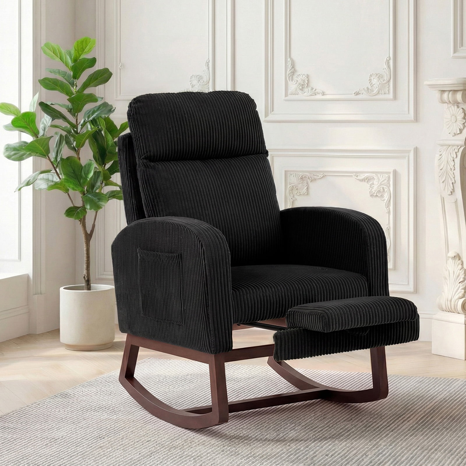 Memoryfield Nursery Rocking Chair, Corduroy Upholstered Glider Rocker Chair with Footrest & Side Pocket, for Living Room, Bedroom, Black
