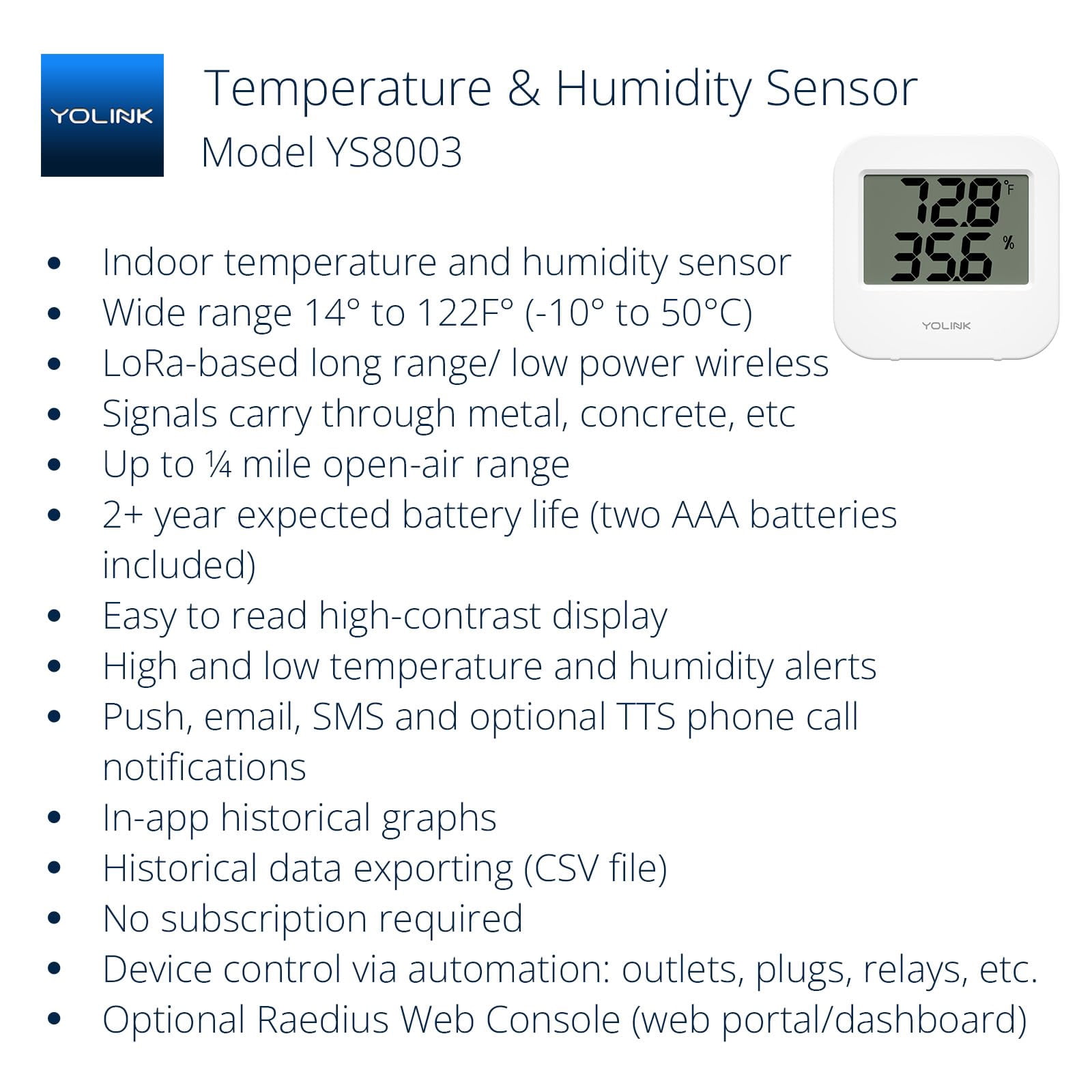 YoLink Smart Wireless Temperature/Humidity Sensor Wide Range for Freezer Fridge Monitoring Pet Cage/Tank Monitoring, App Alerts, Text/SMS, Email Alerts, Works with Alexa IFTTT, 2 Pack - Hub Included