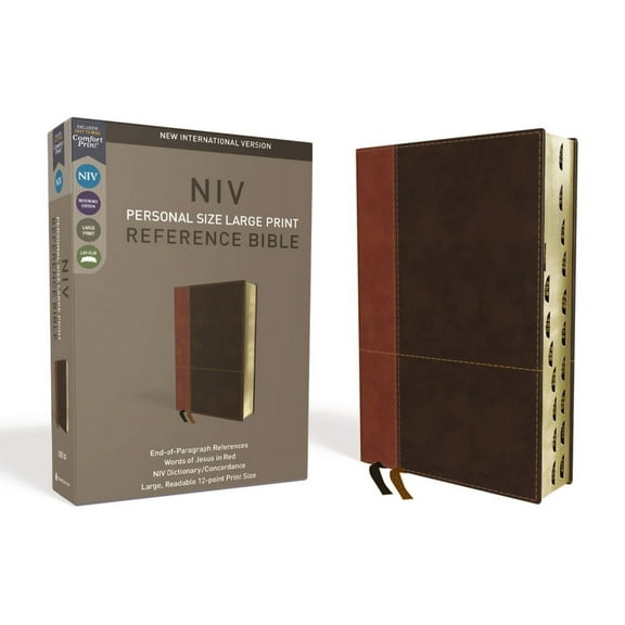NIV, Personal Size Reference Bible, Large Print, Imitation Leather, Brown, Indexed, Red Letter Edition, Comfort Print, (Hardcover)