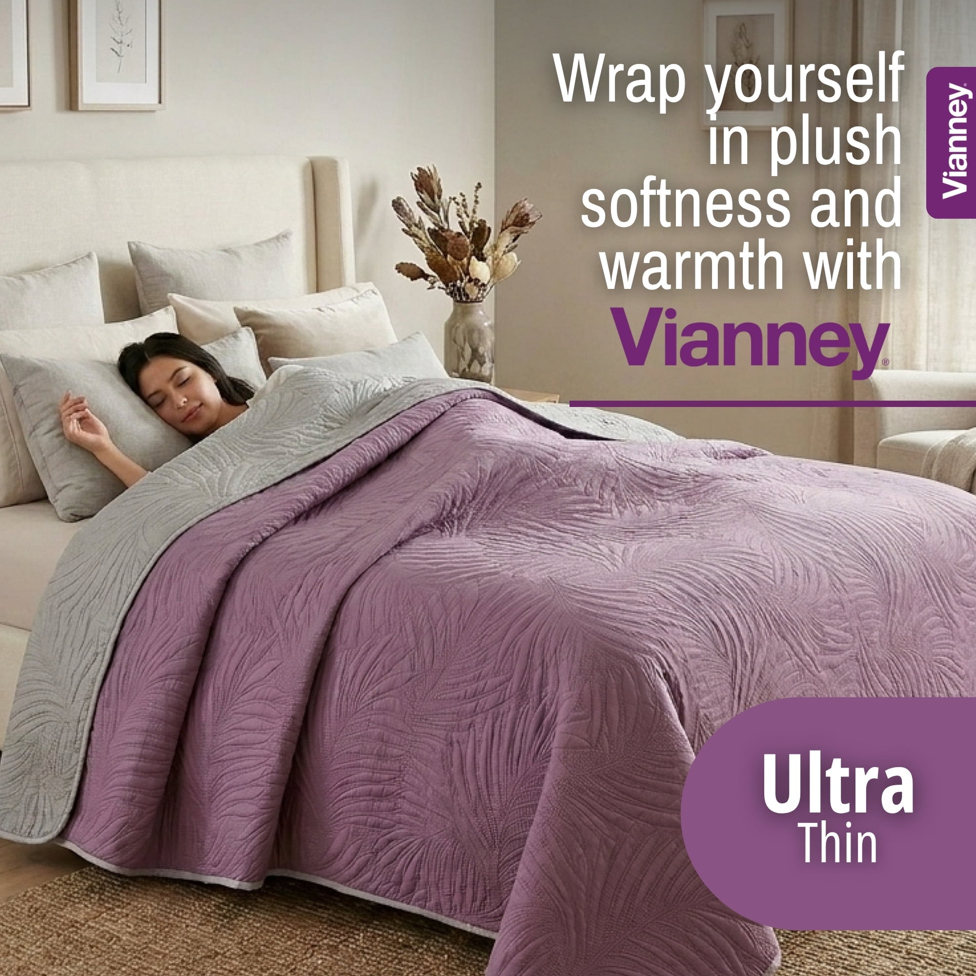 Vianney King Size Comforter, Novo Mallow Bedding, Reversible Lightweight Quilt Blanket in Light Purple and Light Grey with Palm Leaf Quilt Pattern, Light Weight, 110”x93”