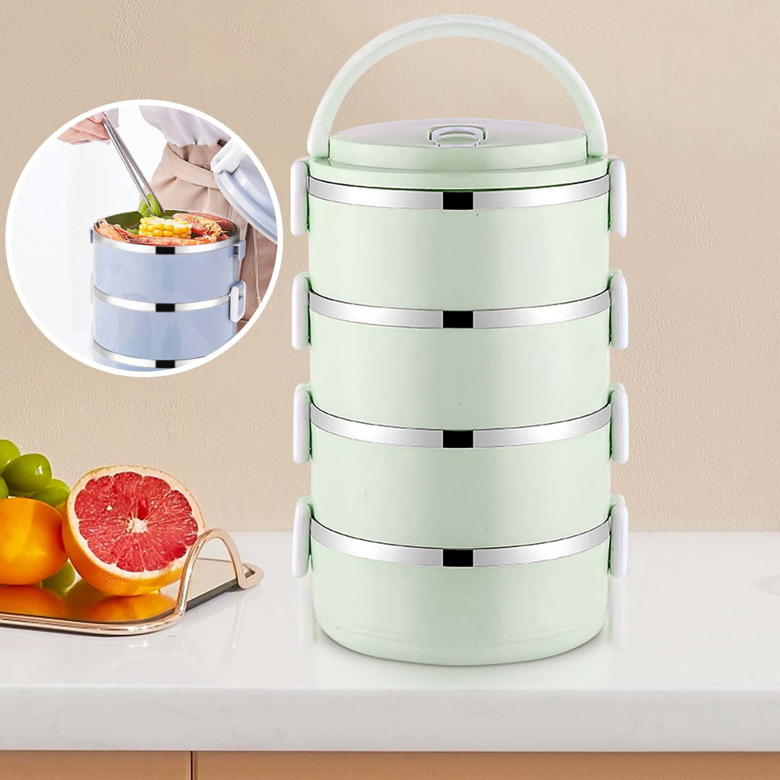 AZXY Metal Bento Box, 4-Layer Round Stainless Steel Insulated Lunch Box, Portable Leakproof Fresh Keeping Bentgo Box for Office Outdoor Use, Green
