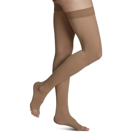SIGVARIS Womenâs Essential Opaque 860 Open Toe Thigh-Highs w/Grip Top 30-40mmHg - Small Long - crispa