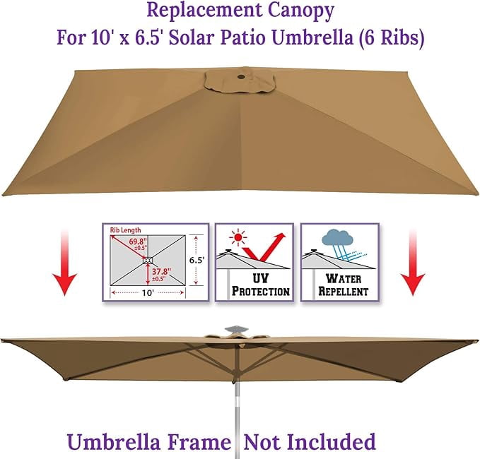 ALUVIERA 6-Rib 10'x6.5' Solar Patio Umbrella Replacement Canopy cover for Outdoor