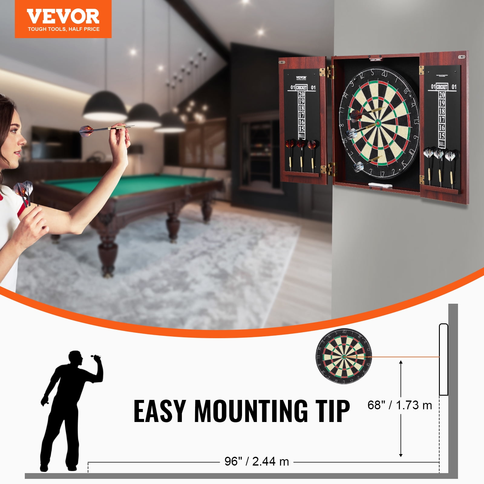 VEVOR Dartboard and Cabinet Set, Ready-to-Play Bundle Official Size Dartboard Cabinet, Steel Tip Dart Hideaway Cabinet, Features Easy Assembly, Complete with All Accessories,Perfect for Cricket Games