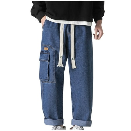 JUUYY Men s Baggy Jeans Drawstring Loose Fit Y2K Cargo Pants Denim Skateboard Baggy Pants Hip Hop Jeans Streetwear Blue XXXXXXL