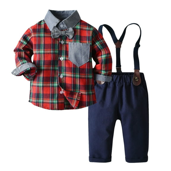 Hienoo Toddler Boy's Dress Suit Plaid Button Down Shirt   Pants with Bowtie Party Outfits