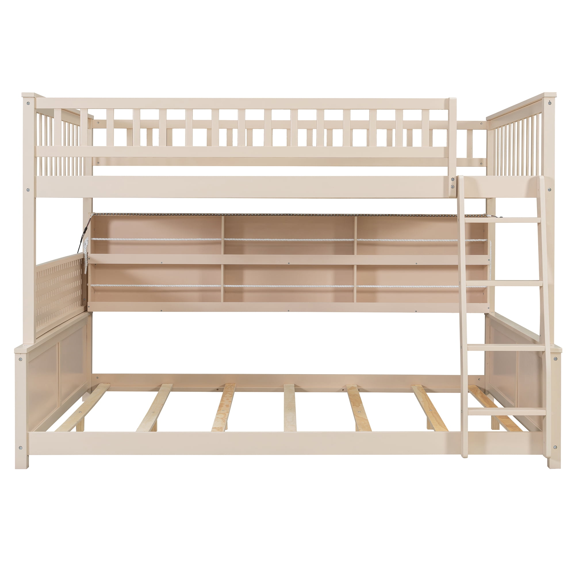 Full XL Over Queen Bunk Bed, Wood Bunk Bed with Integrated Shelving, Color-Changing Lights and Pegboard for Kids Teens Adults, Space Saving Design