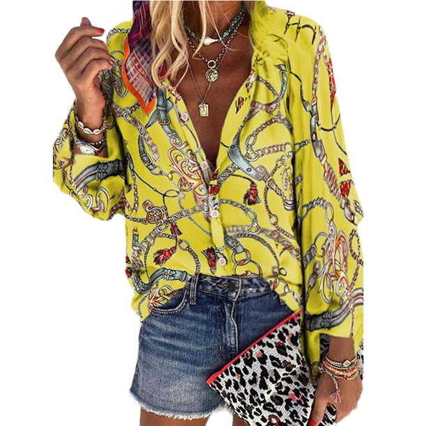 Sonducket Top de mujer, camisa estampada de manga larga, blusa suelta informal con botones estampados de otoño, ropa de otoño Prendas para la parte del cuerpo Amarillo L Sonducket AP003717-08