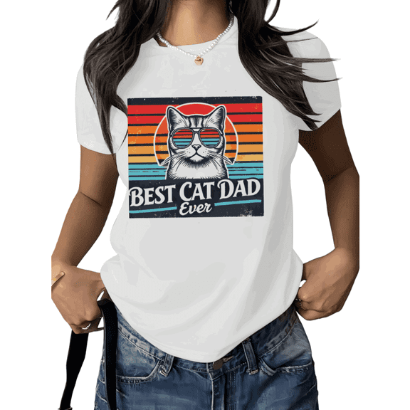 White Retro Best Cat Dad Ever Cat Printed Trendy Tshirt Printed Tees Shirts Funny Cat Lover Fathers Day Gift Casual Wear S-5XL Tops