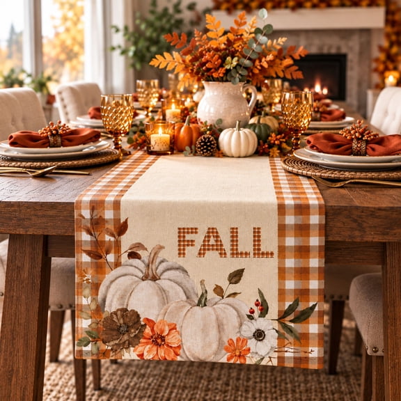 DecorX Fall Table Runner, Pumpkin Buffalo Plaid Thanksgiving Decor, Beige, 14 x 72 in