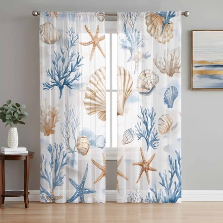 Coral Starfish Sheer Curtains 72 Inch Length 2 Panels Set Coastal Ocean Blue Conch Beach Scenery Voile Window Treatment Rod Pocket Curtains Sheers Drapes for Bedroom/Living Room/Kitchen 52 x72 x2