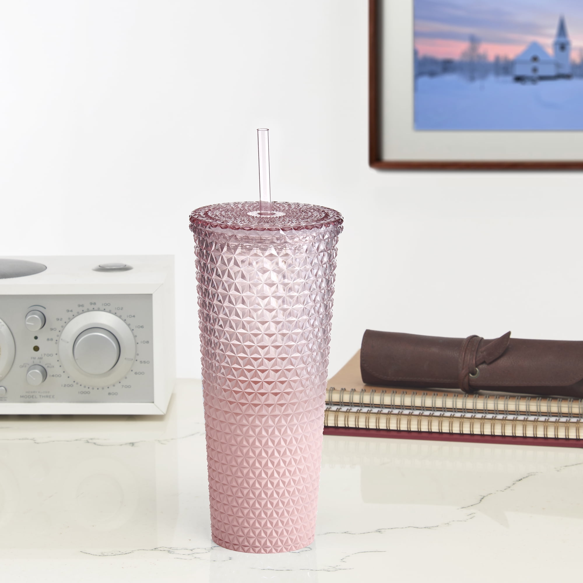 Mainstays 26 fl oz Ombre Pink Reusable Plastic Textured Tumbler, Double-Walled