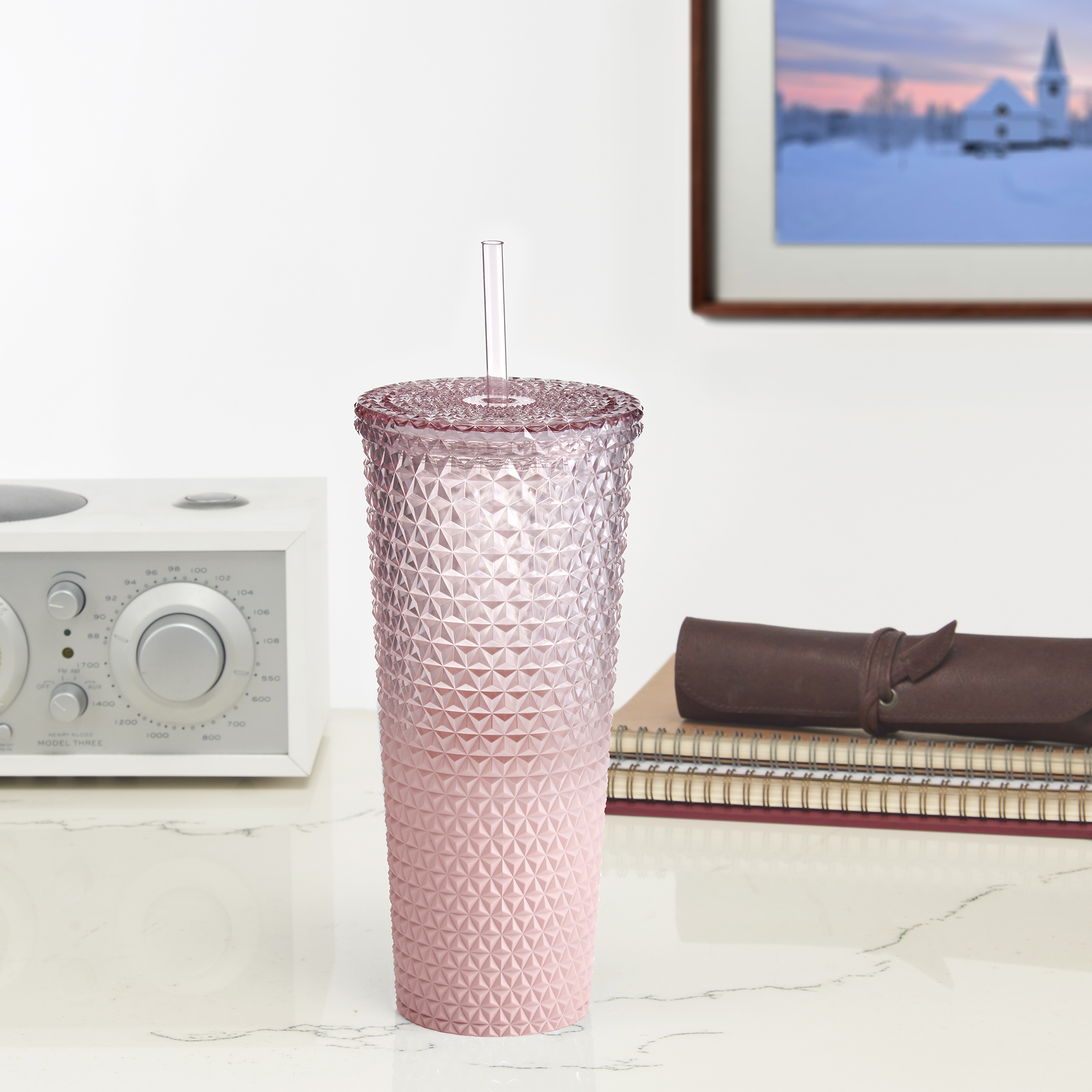 Mainstays 26 fl oz Ombre Pink Reusable Plastic Textured Tumbler, Double ...