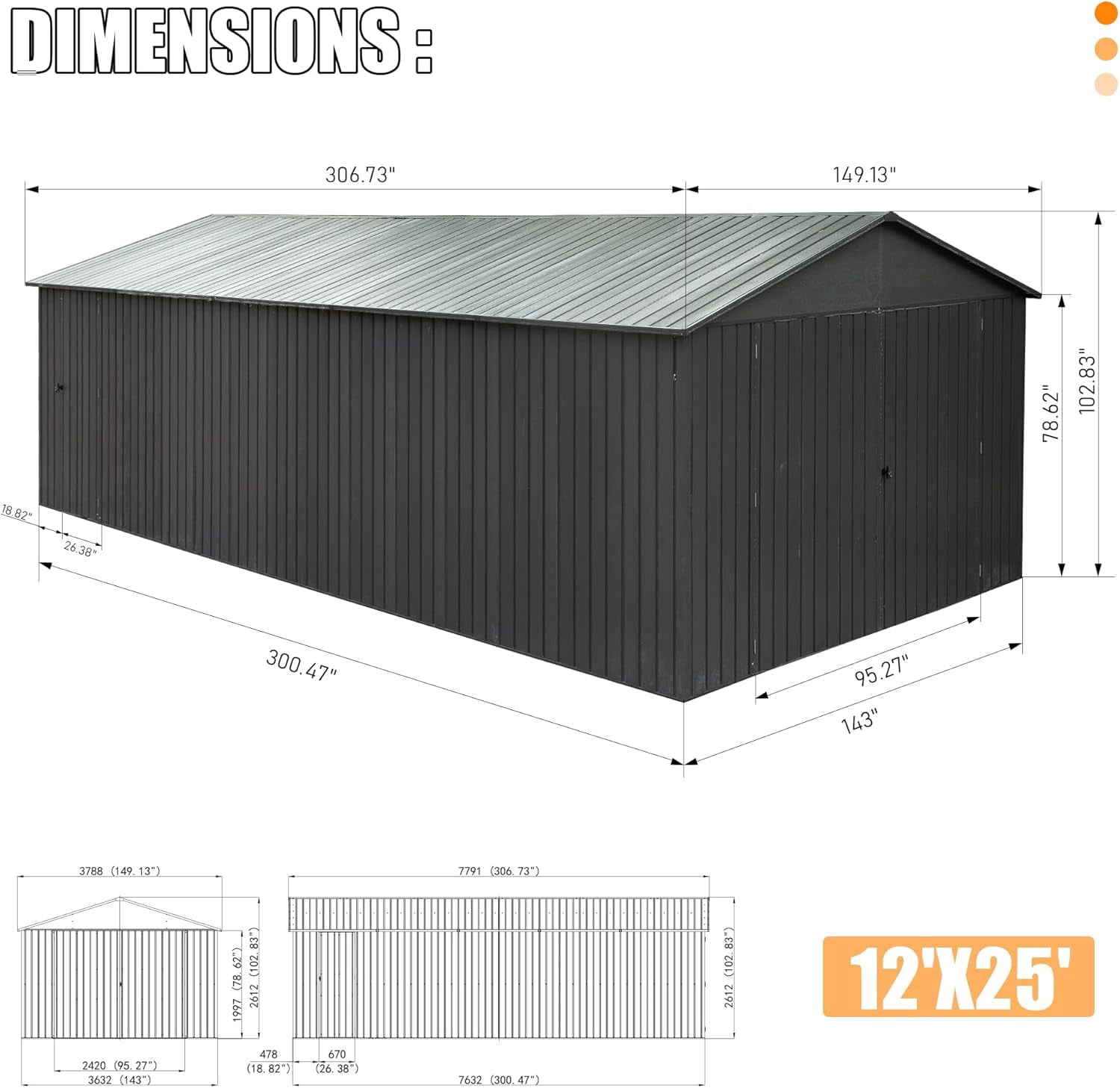 TOTAL Outdoor 12x25FT Outdoor Metal Garage Shed, Extra-Large Steel Carport with Lockable Double Doors, Heavy-Duty Car Shelter for Cars, Trucks, Motorcycles, and Lawn Equipment, Dark Grey