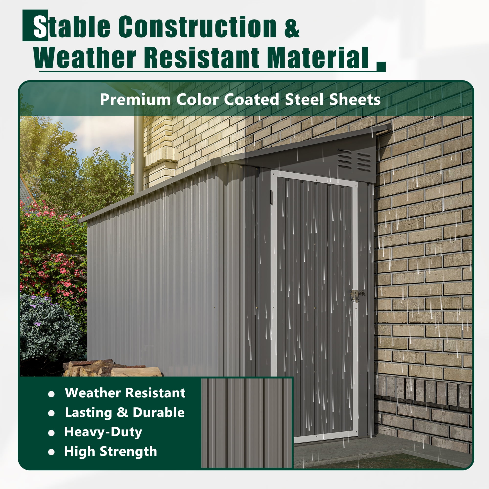 LZBEITEM 4 x 8 ft Outdoor Metal Storage Shed Lean to, Small Metal Wall Side Door Sheds & Garden Tool Shed with Galvanized Floor Frame Kit Lockable for Garden, Backyard, Gray, 95 x 48.82 x 75.7 inch