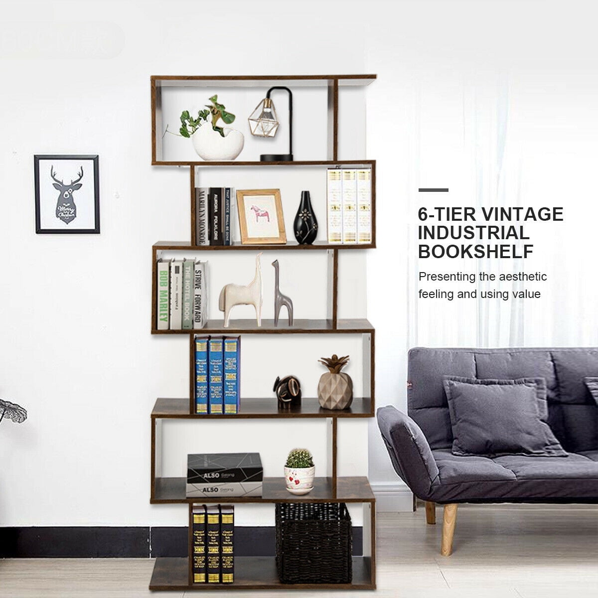 Gymax S-Shaped 6 Tier Bookcase, Brown