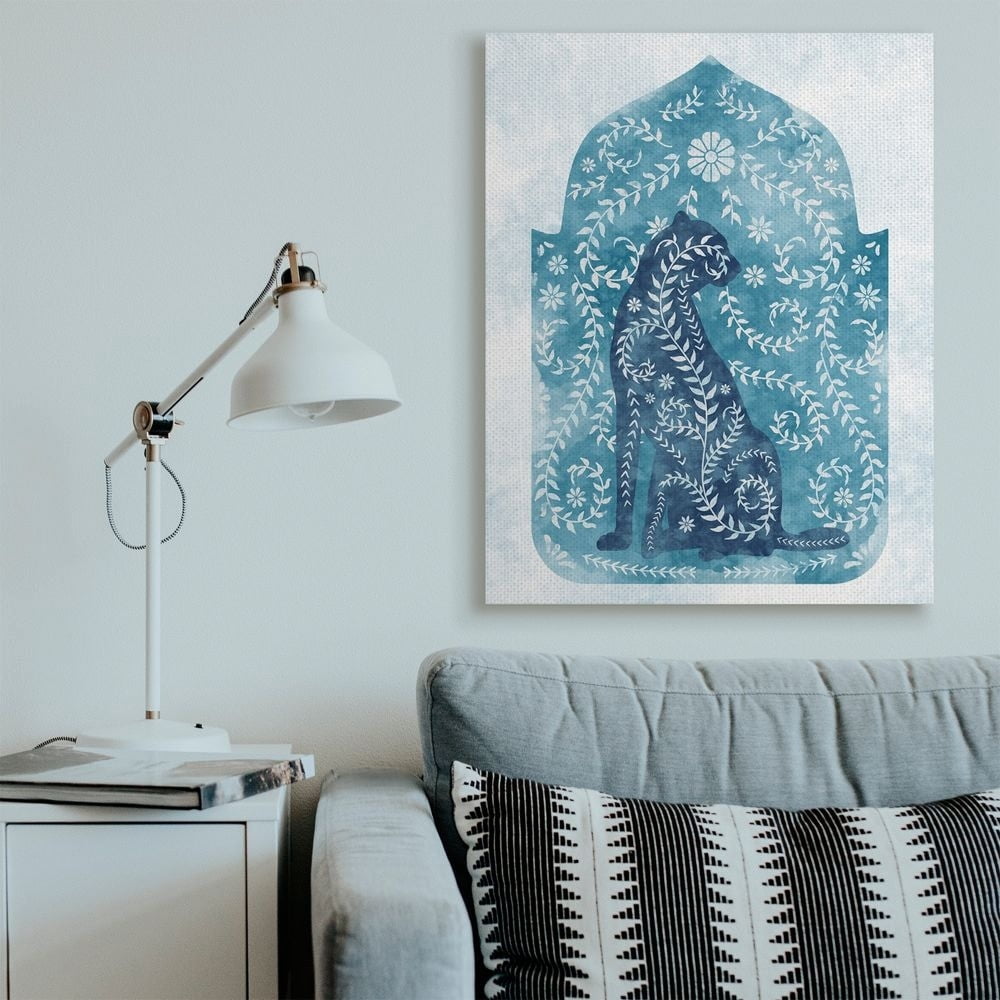 Stupell Industries Regal Cheetah Jungle Animal Vines Blue Arabesque Watercolor Canvas Wall Art Design by Ziwei Li, 36" x 48"