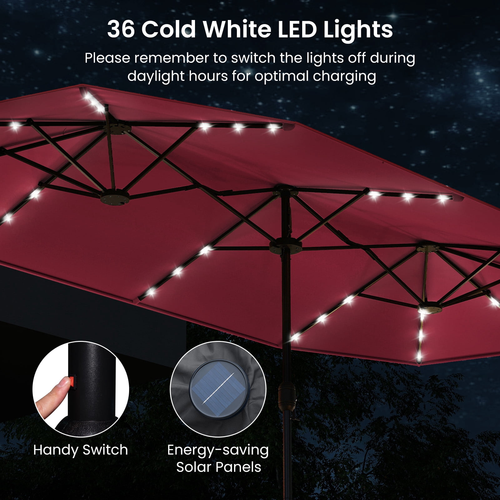Costway 13FT Double-sided Patio Umbrella with Solar Lights Crank Handle Umbrella Base Wine